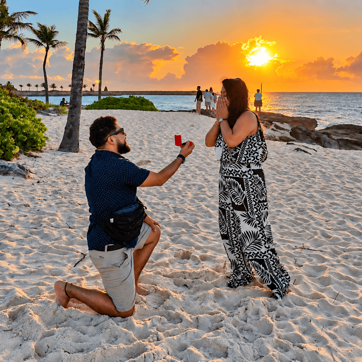 Mike proponiéndole matrimonio a Danni en la playa al atardecer